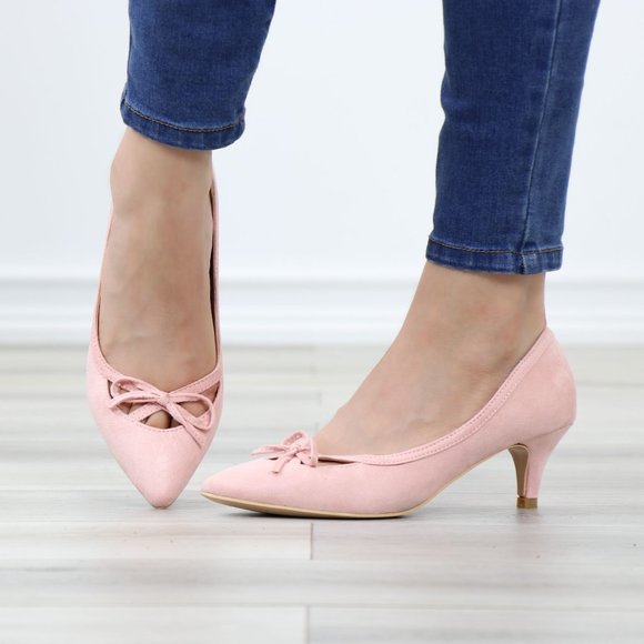 Shoes - Pink Bow Vintage Style Pointed Toe Faux Suede Kitten Low Heel Shoes
